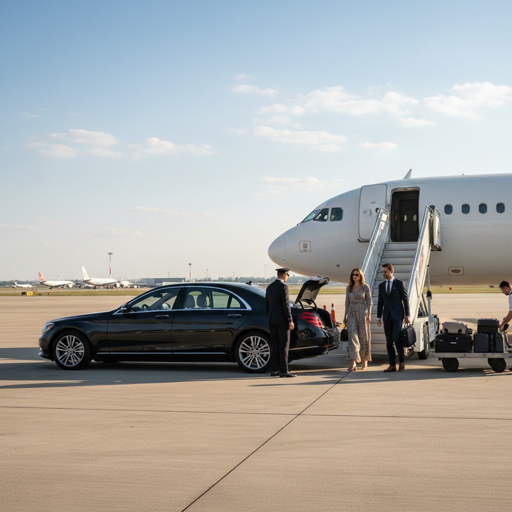 Eine Limousine wartet auf dem Rollfeld neben einem Flugzeug, während Passagiere die Treppe herabsteigen und von einem Chauffeur empfangen werden.