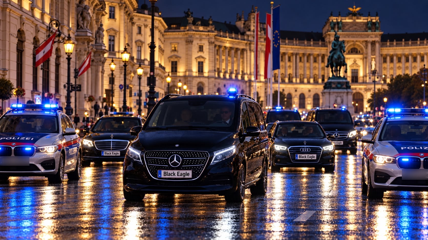 Delegationsfahrten Wien – Limousinen-Konvoi mit Mercedes V-Klasse vor der Hofburg
