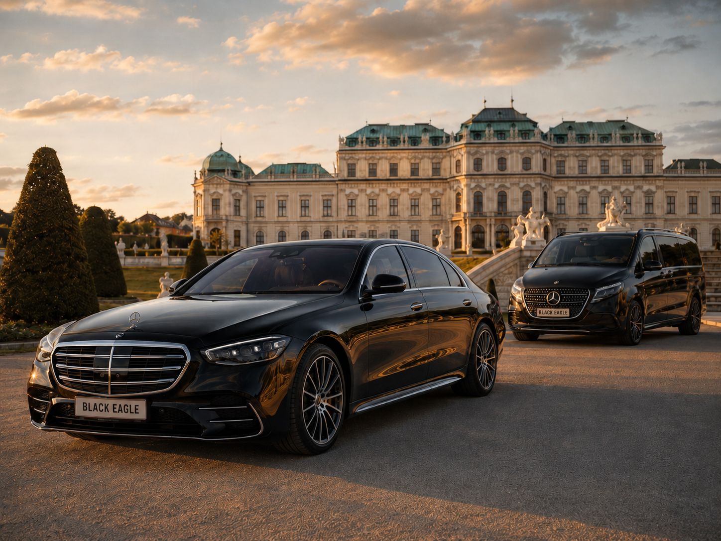 Black Eagle – First Class und Minivan vor dem Belvedere